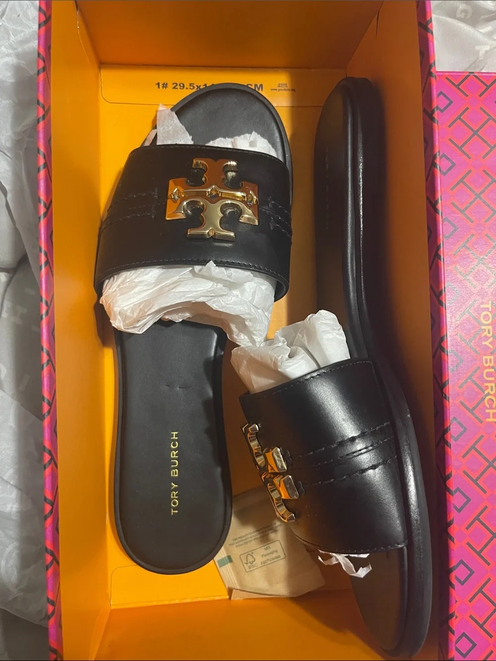 Tory Burch Black Leather Slides with Gold Logo Hardware